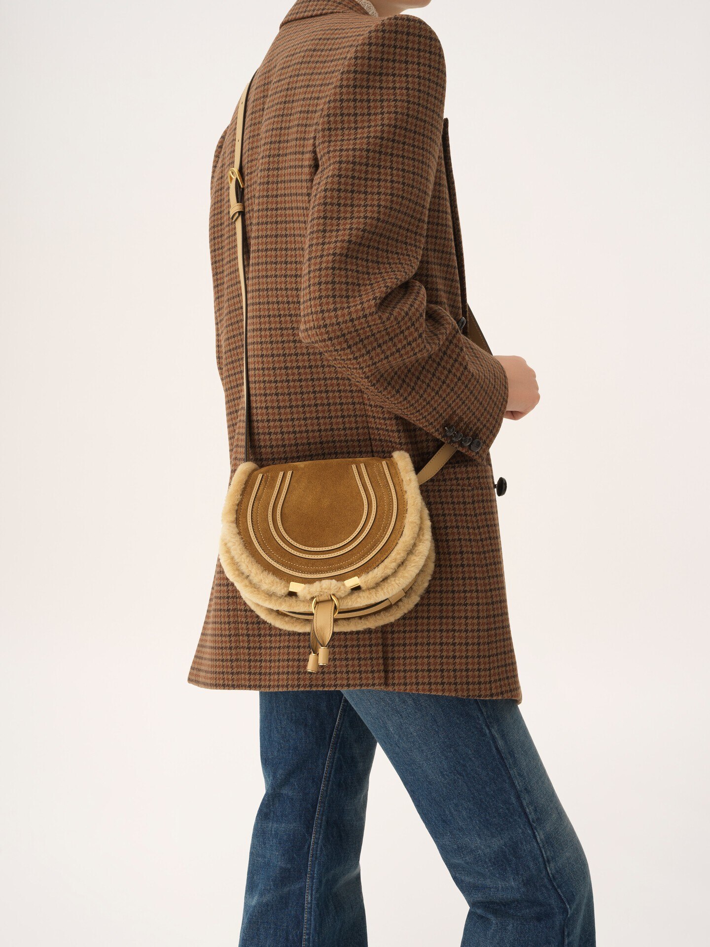 Small Marcie saddle bag in suede leather & shearling - 2.0