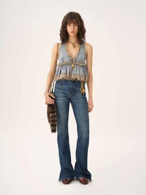 Tie-front sleeveless top in washed silk satin & lace