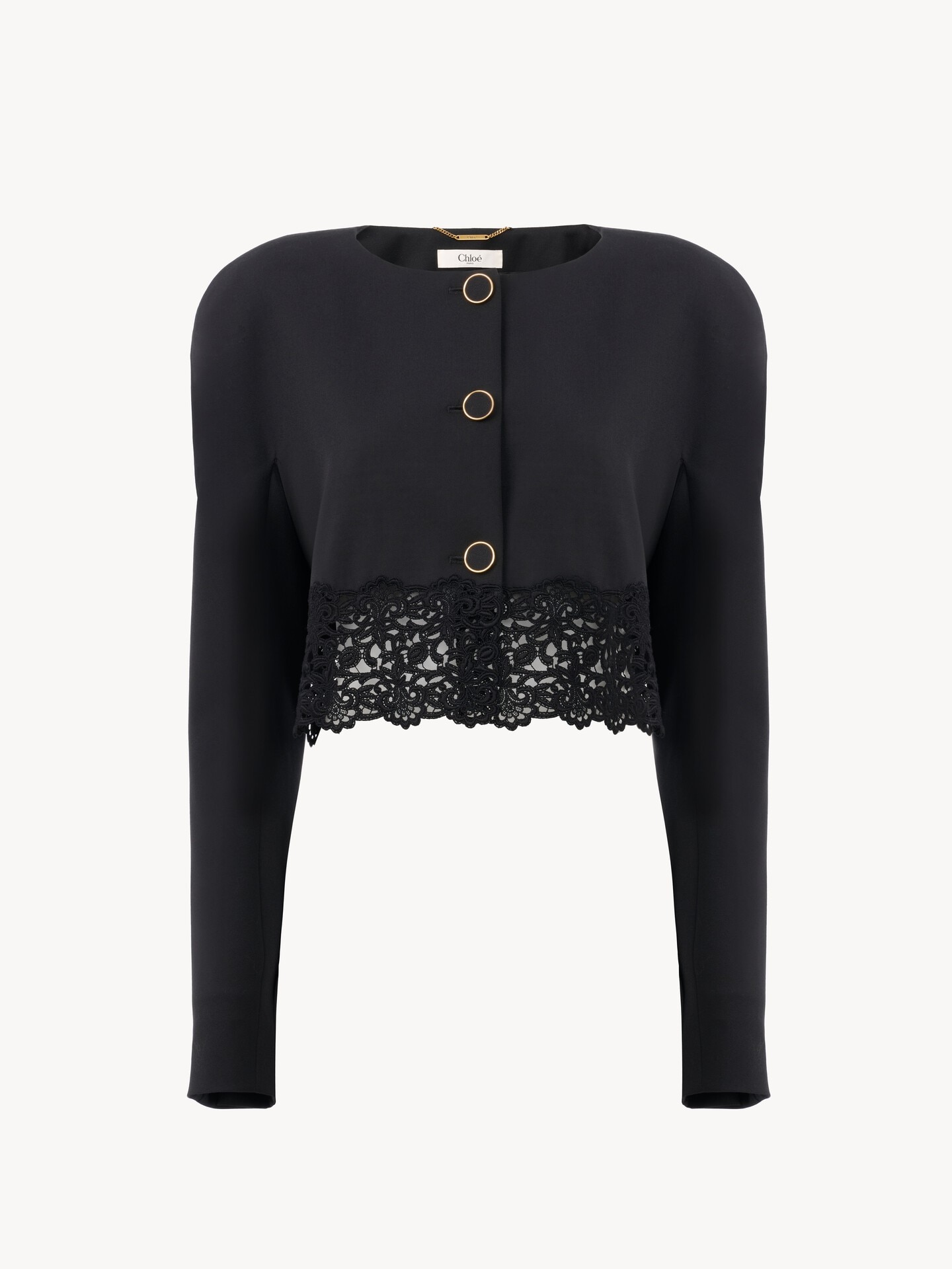 Chaqueta cropped sin cuello de lana grain de poudre y encaje - 2.0