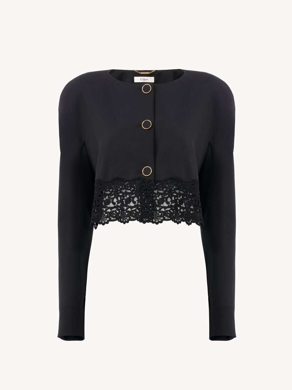 Collarless cropped jacket in wool grain de poudre & lace - Packshot