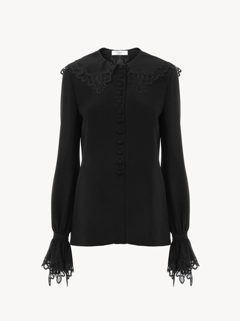 Blouse fluide en cr&ecirc;pe de chine et dentelle