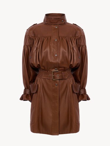 High-neck puff-sleeve coat in leather - 1