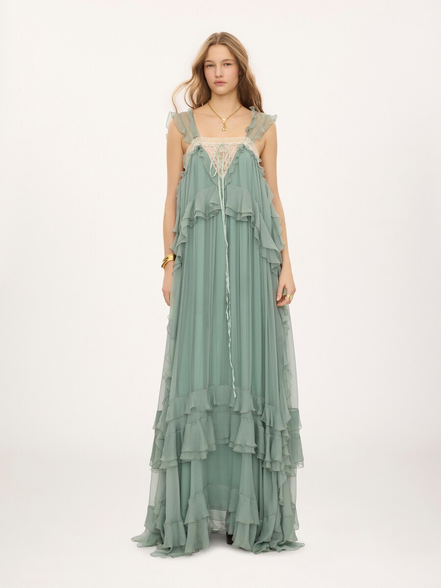 Sleeveless layered long dress in silk mousseline & lace - 3