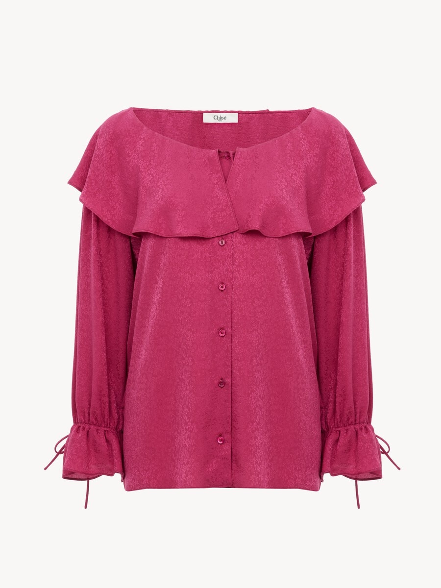 Blouse col rond &agrave; volants en soie jacquard - 2