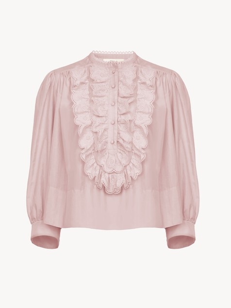Gathered ruffled top in technical taffeta