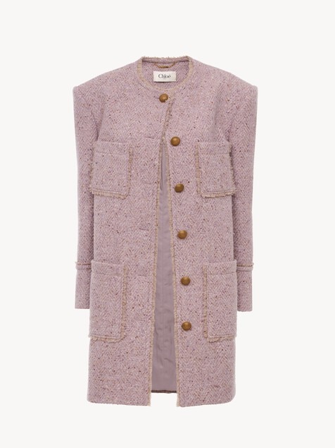 Single-breasted collarless coat in chin&eacute; wool tweed