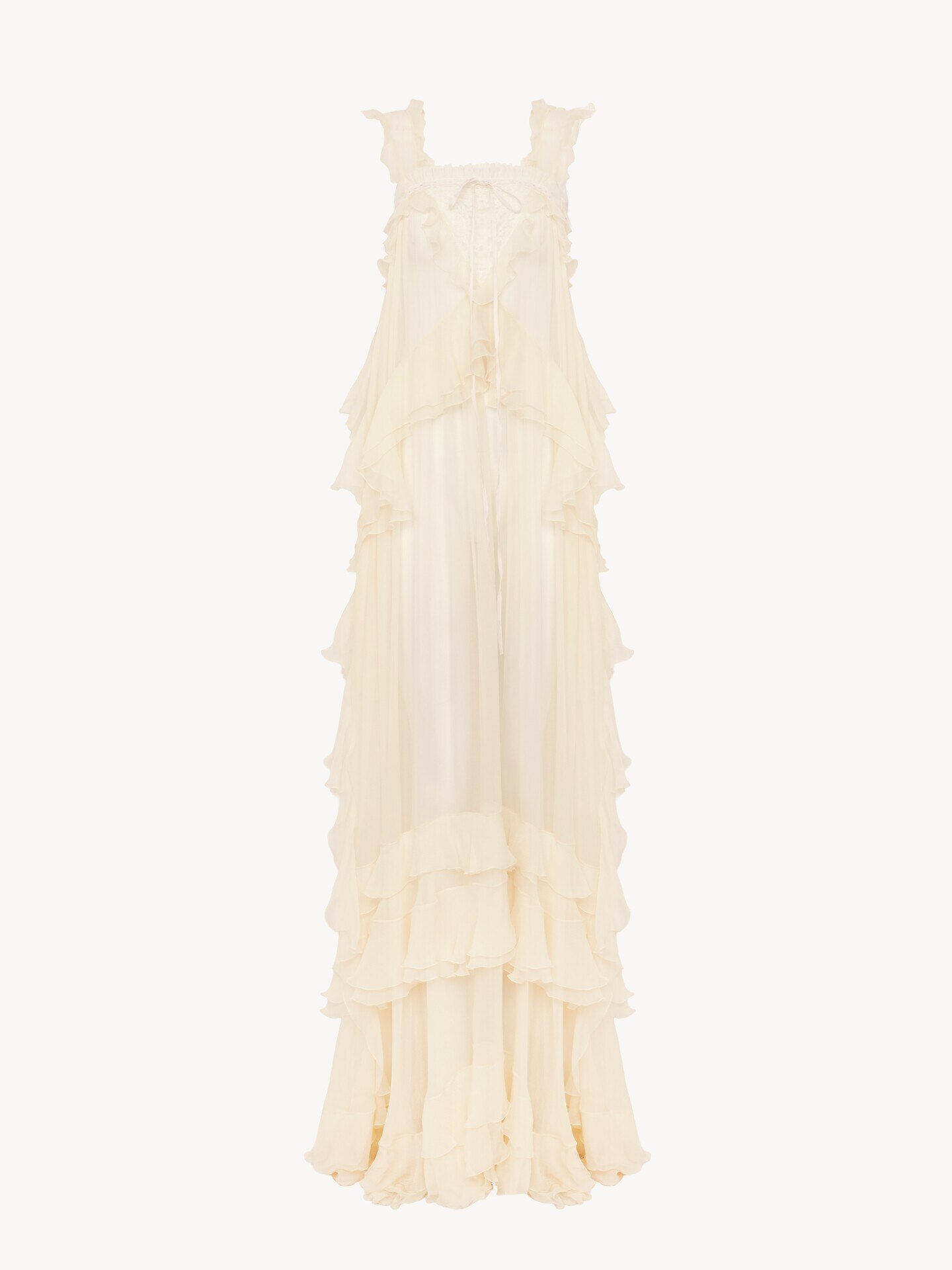 Sleeveless layered long dress in silk mousseline & lace - 2.0