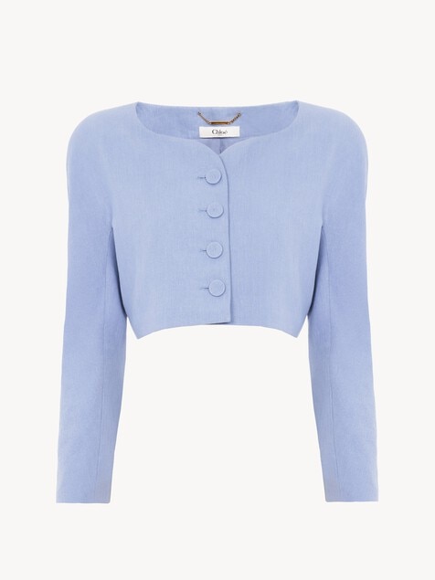 Cropped collarless jacket in linen cr&ecirc;pe