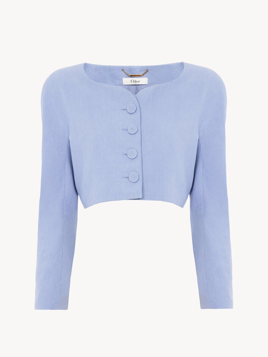 Cropped collarless jacket in linen cr&ecirc;pe - 2