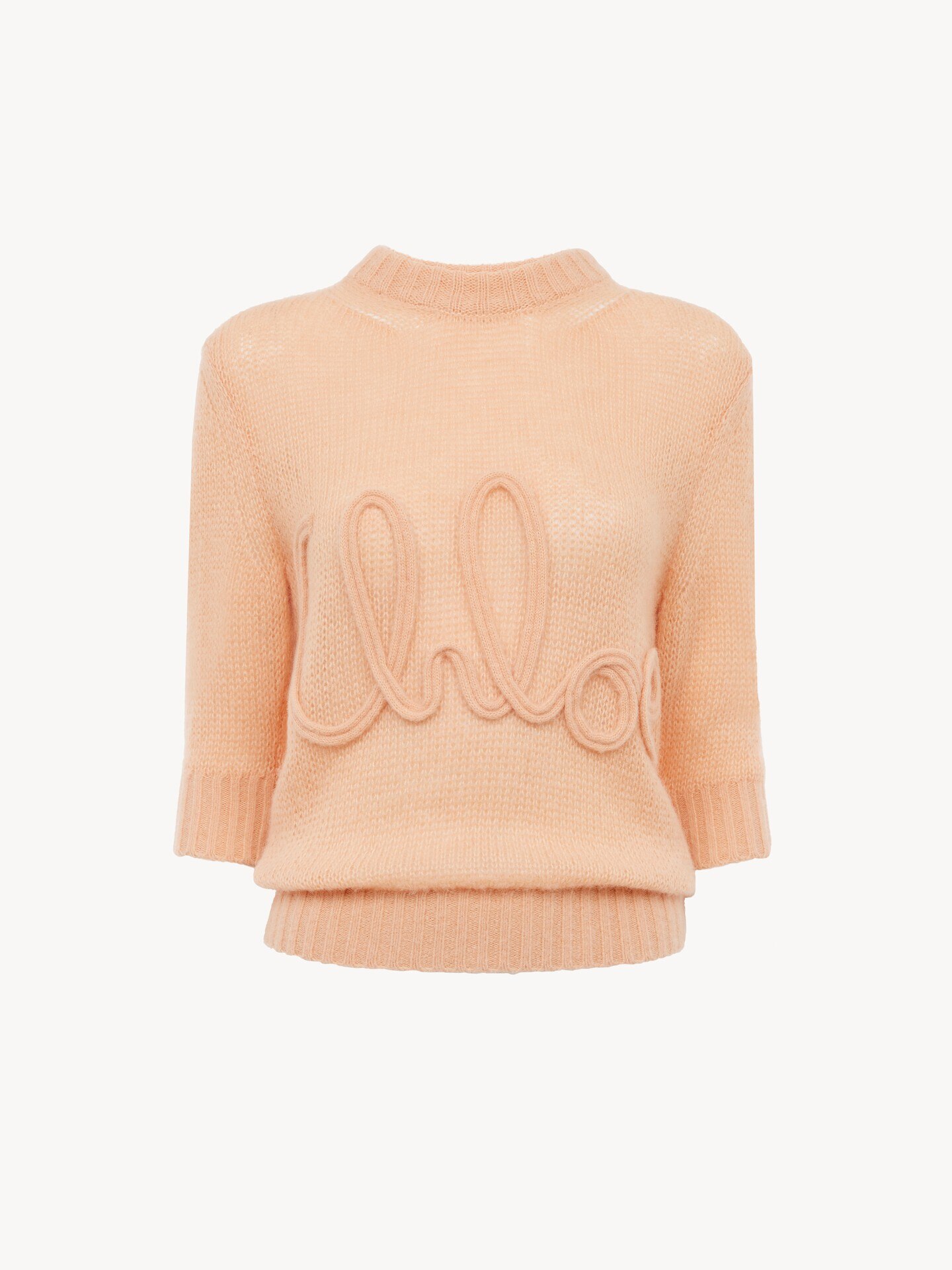 Elbow-sleeve logo sweater in alpaca wool & silk knit Peach