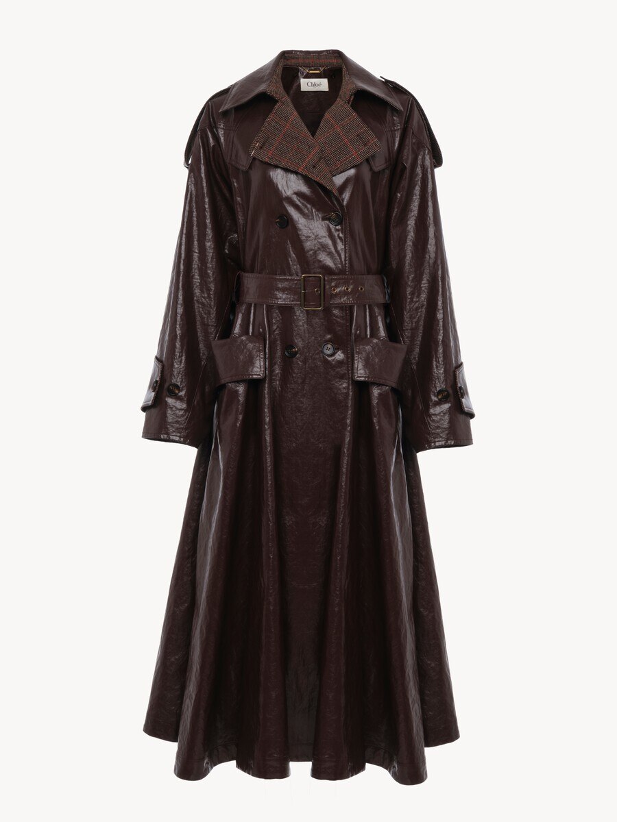 Manteau cavalier long crois&eacute; en lin enduit - 2