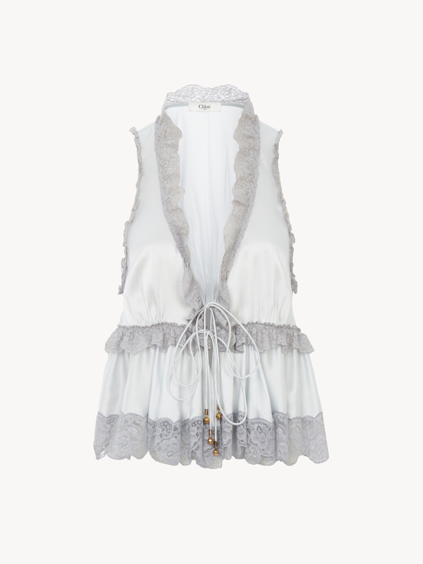 Tie-front sleeveless top in washed silk satin & lace - 2.0