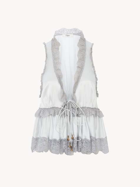 Tie-front sleeveless top in washed silk satin & lace
