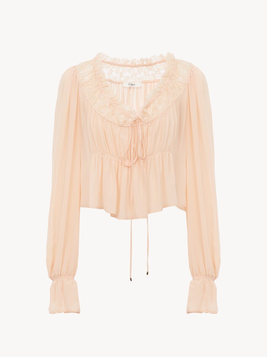 Scoop-neck cropped top in silk georgette & lace - 2