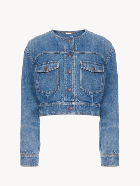 Collarless cropped jacket in denim