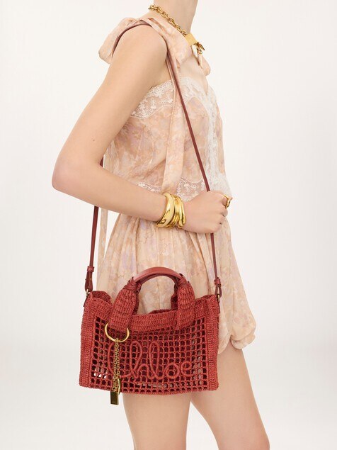 Small Summer Banana east-west tote bag with strap in raffia