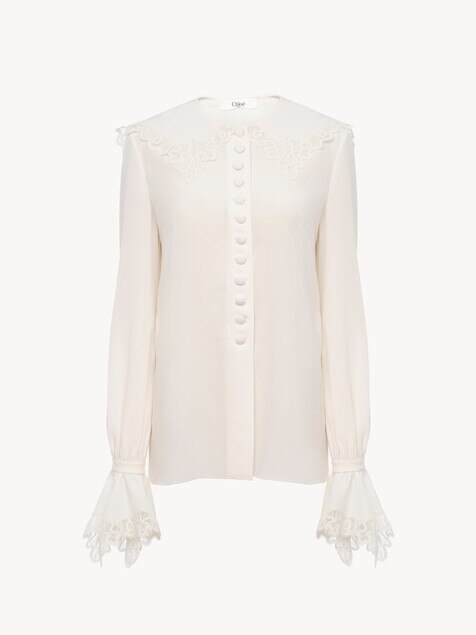 Fluid blouse in cr&ecirc;pe de chine & lace