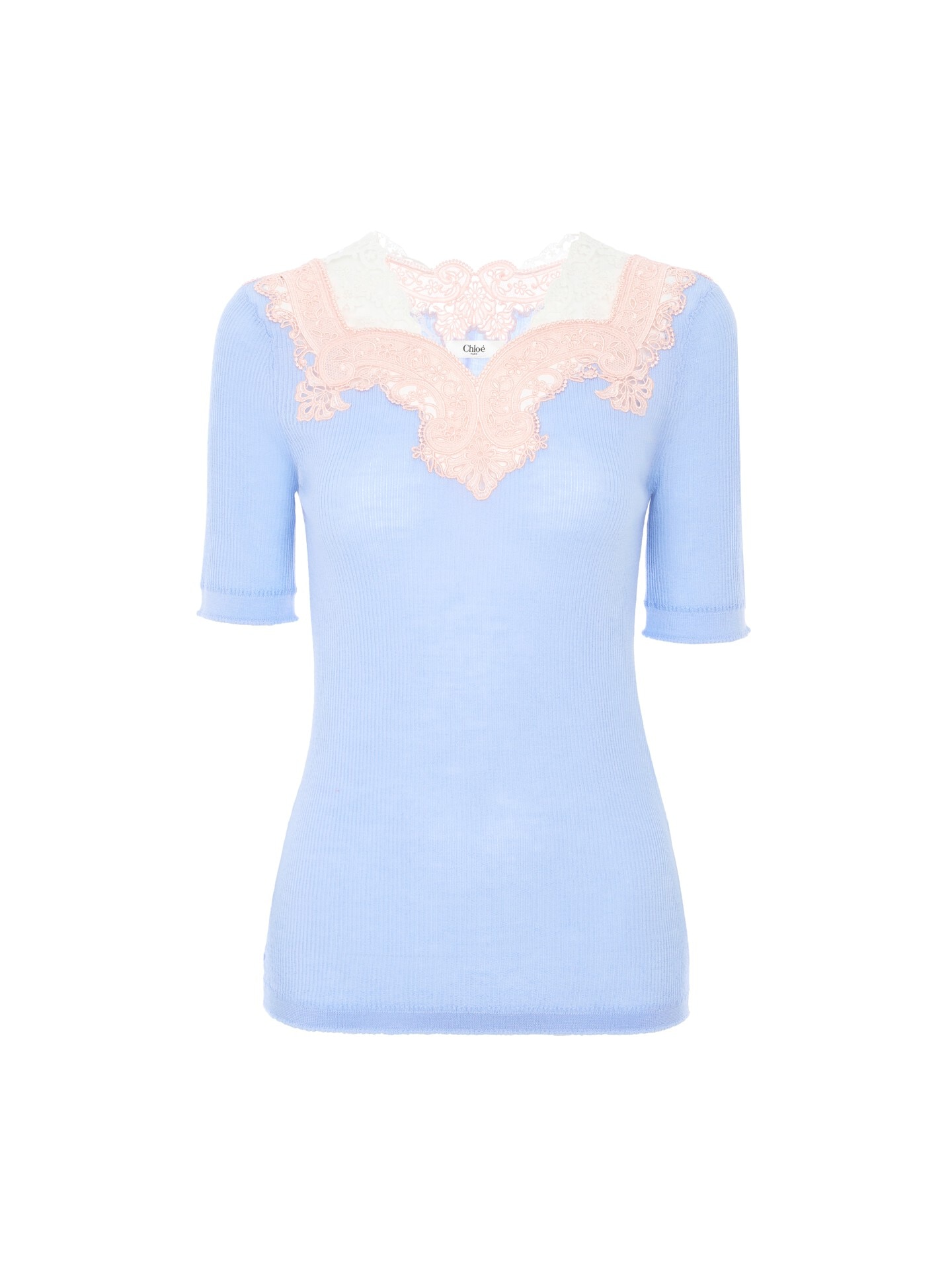 Elbow-sleeve fitted sweater in a wool knit & lace