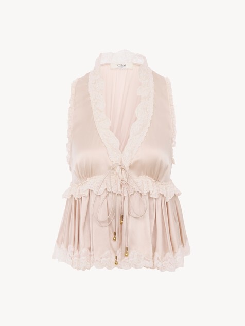 Top sans manches &agrave; nouer en satin de soie lav&eacute; et dentelle