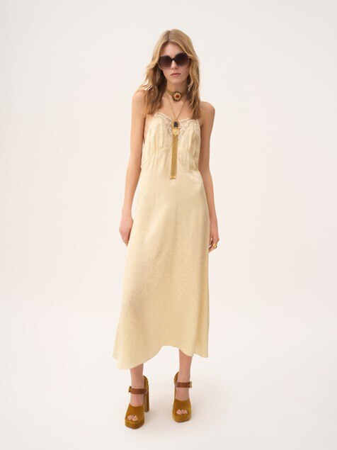 Thin-strap midi dress in silk jacquard & lace