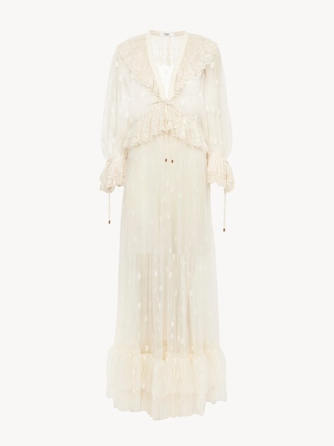 Gathered V-neck long dress in embroidered lace