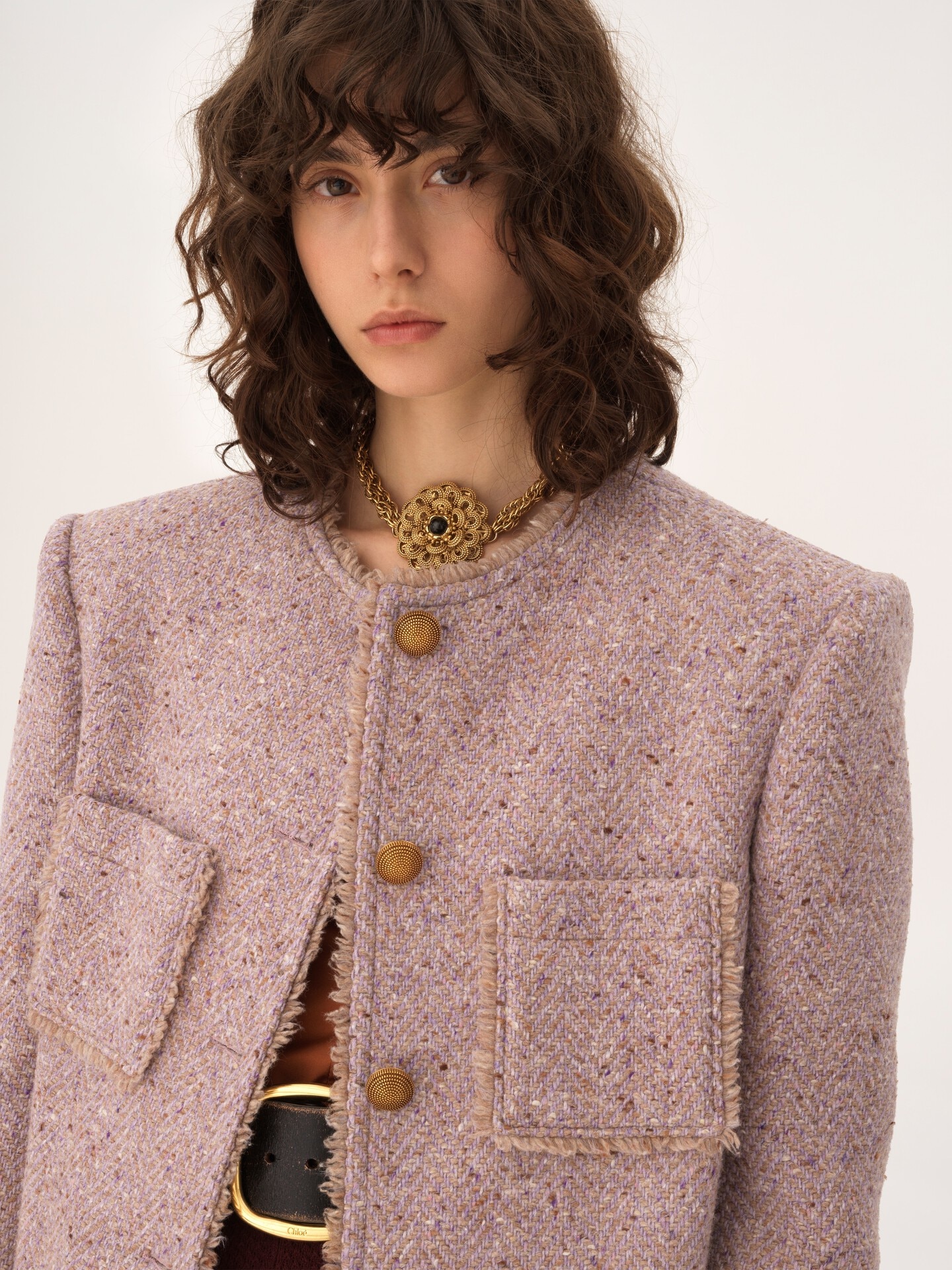 Single-breasted collarless coat in chin&eacute; wool tweed - 9