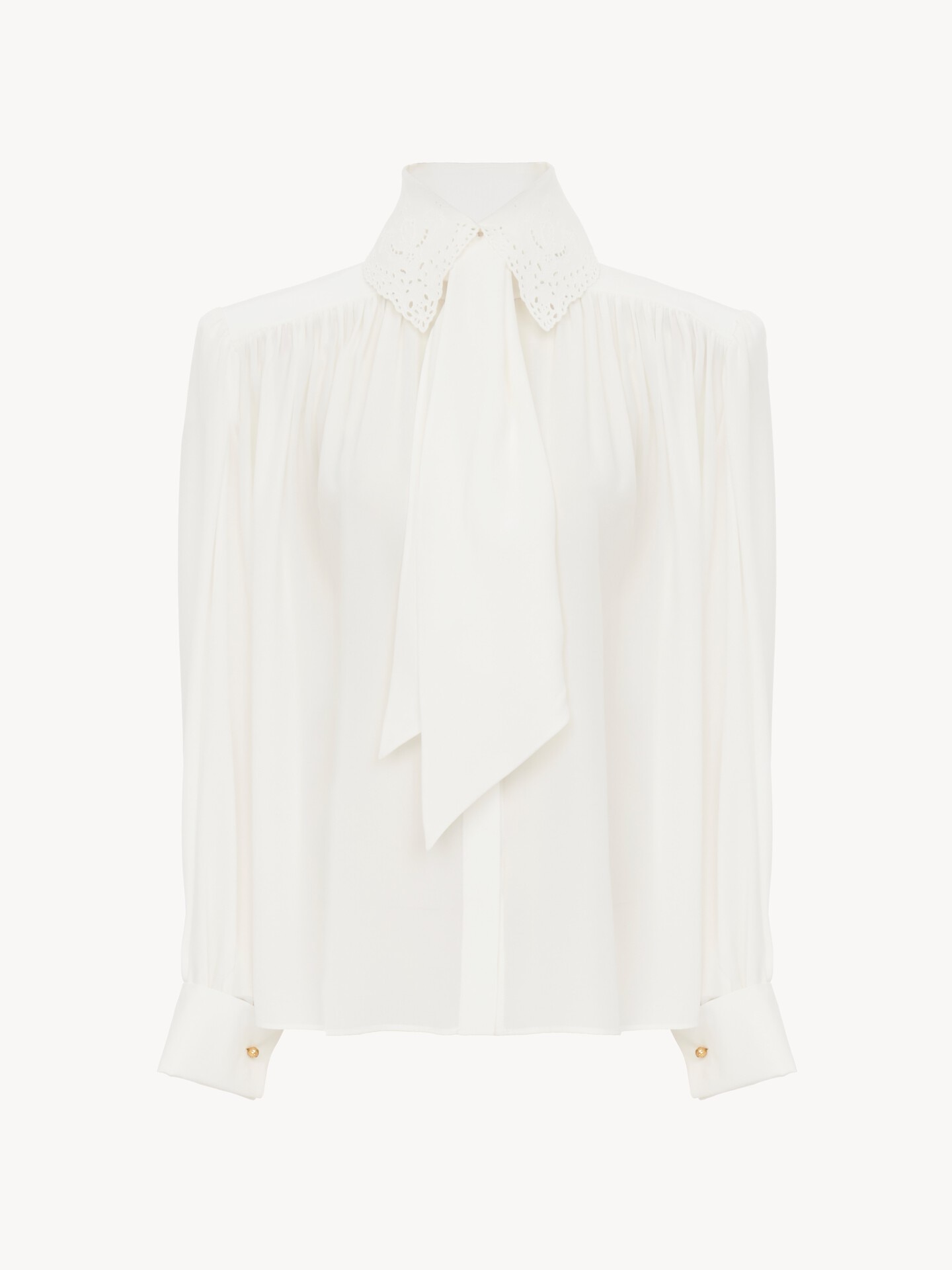 Blusa con pa&ntilde;uelo anudado fruncida de crep&eacute; de seda china con encaje - 2