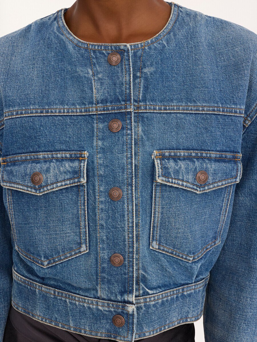 Collarless cropped denim jacket - 8