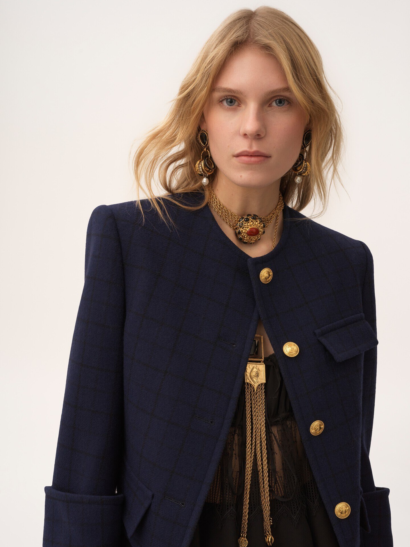 美品⭐︎Chloe クロエ　ジャケット　ノーカラージャケット　ウール　シルク チェックウール製ボクシー ノーカラージャケット Dark Indigo