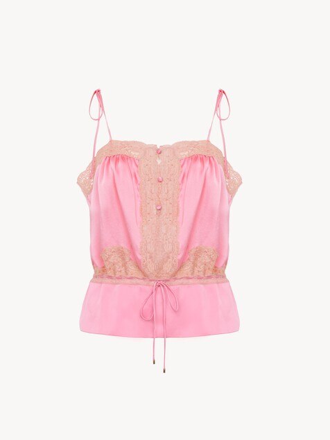 Top caraco &agrave; coulisse en satin de soie lav&eacute; et dentelle
