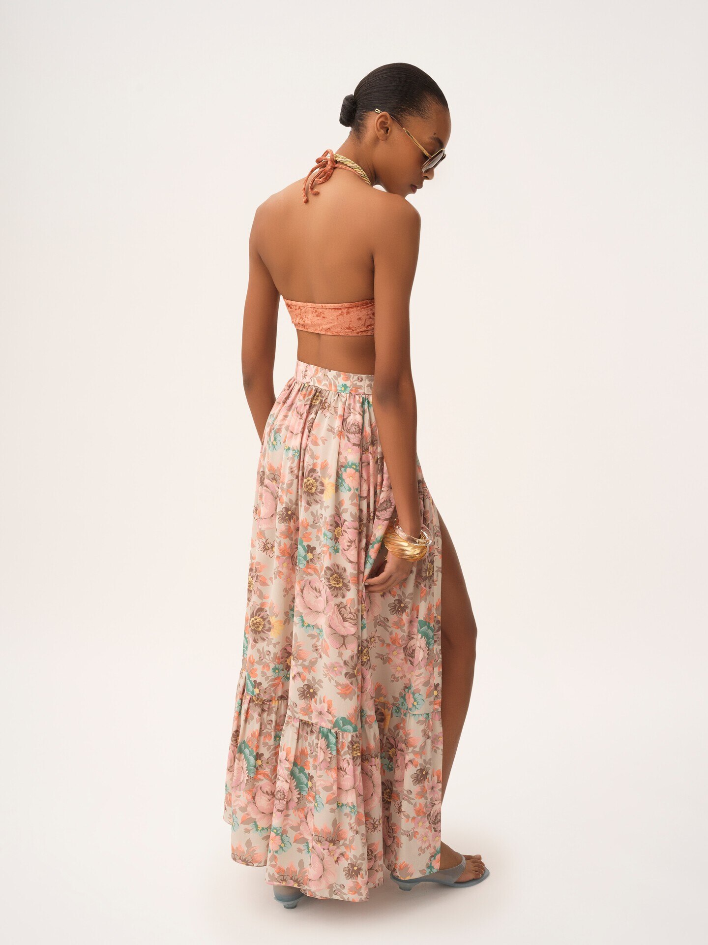 Gathered midi skirt in cr&ecirc;pe de chine - 5