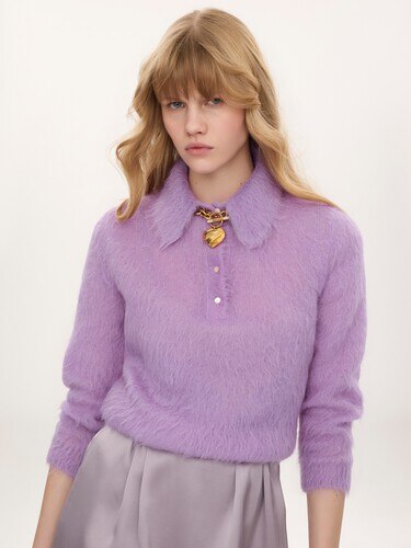 Pull polo en maille de laine alpaga m&eacute;lang&eacute;e - 4