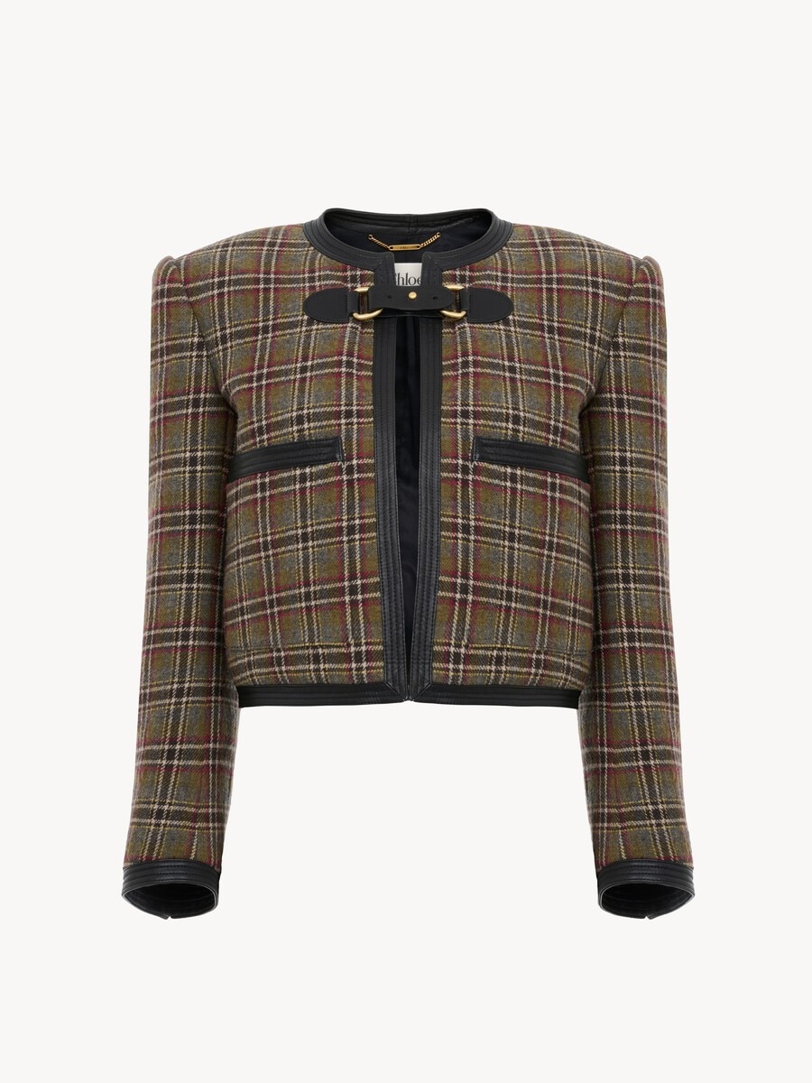 Collarless cropped boxy jacket in check wool - 2