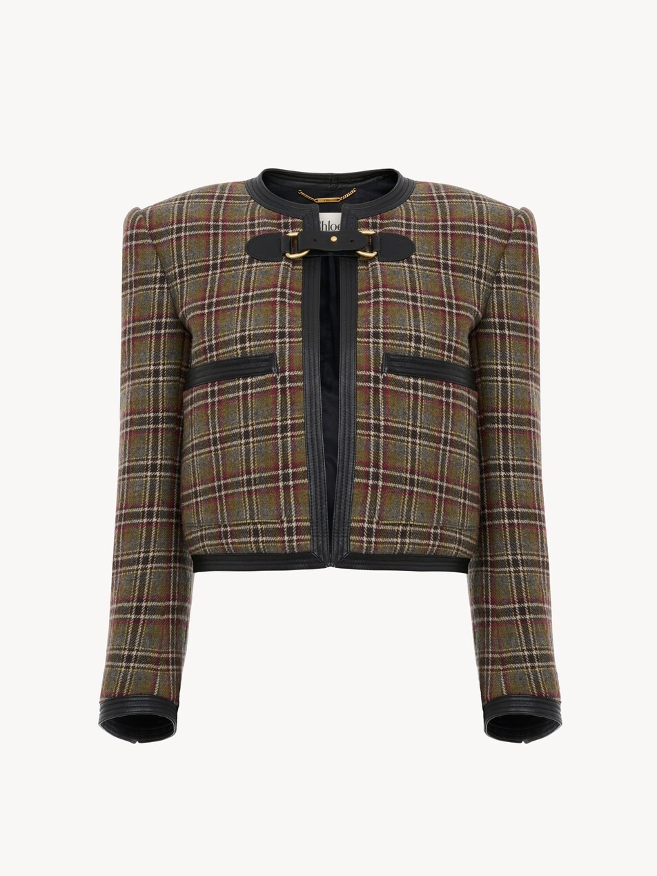 Collarless cropped boxy jacket in check wool
