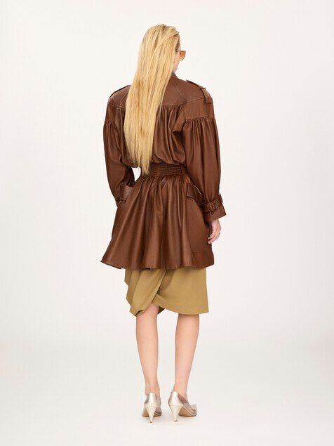 High-neck puff-sleeve coat in leather