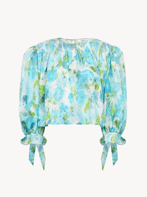 Top corto arricciato in jacquard di seta