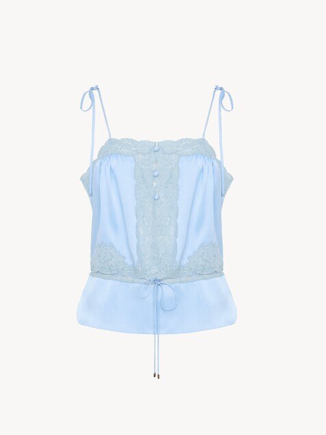 Drawstring camisole top in washed silk satin & lace