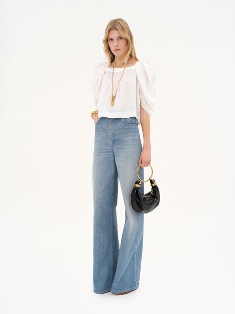 Puff-sleeve pleated top in silk poplin