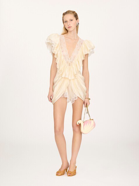 Short V-neck jumpsuit in washed silk satin & lace