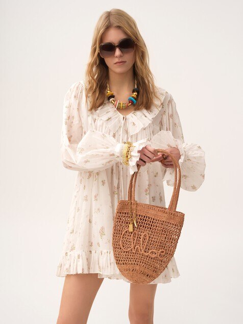 Gathered long-sleeve mini dress in cotton voile