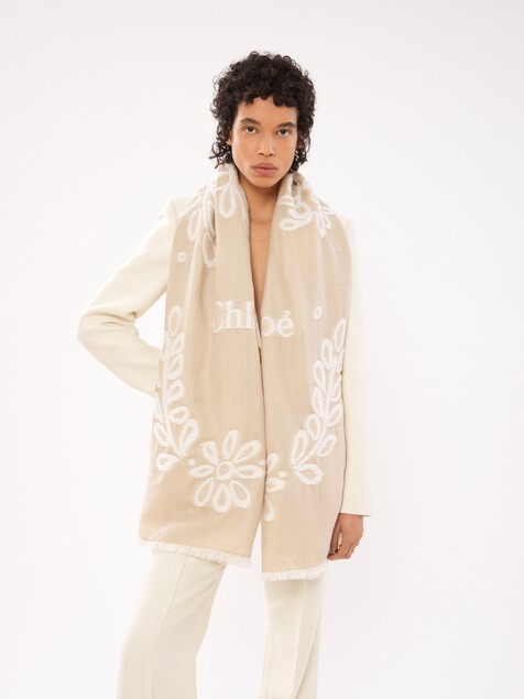 Rectangular stole in wool & silk broderie anglaise