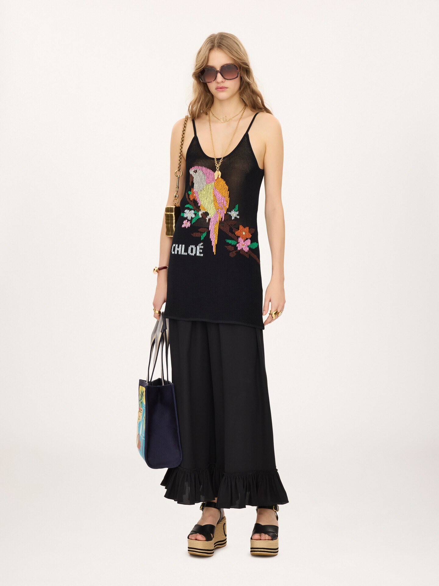 K&ouml;rperbetontes Minikleid aus Baumwoll-Mesh-Strick mit schmalen Tr&auml;gern und Logo - 3
