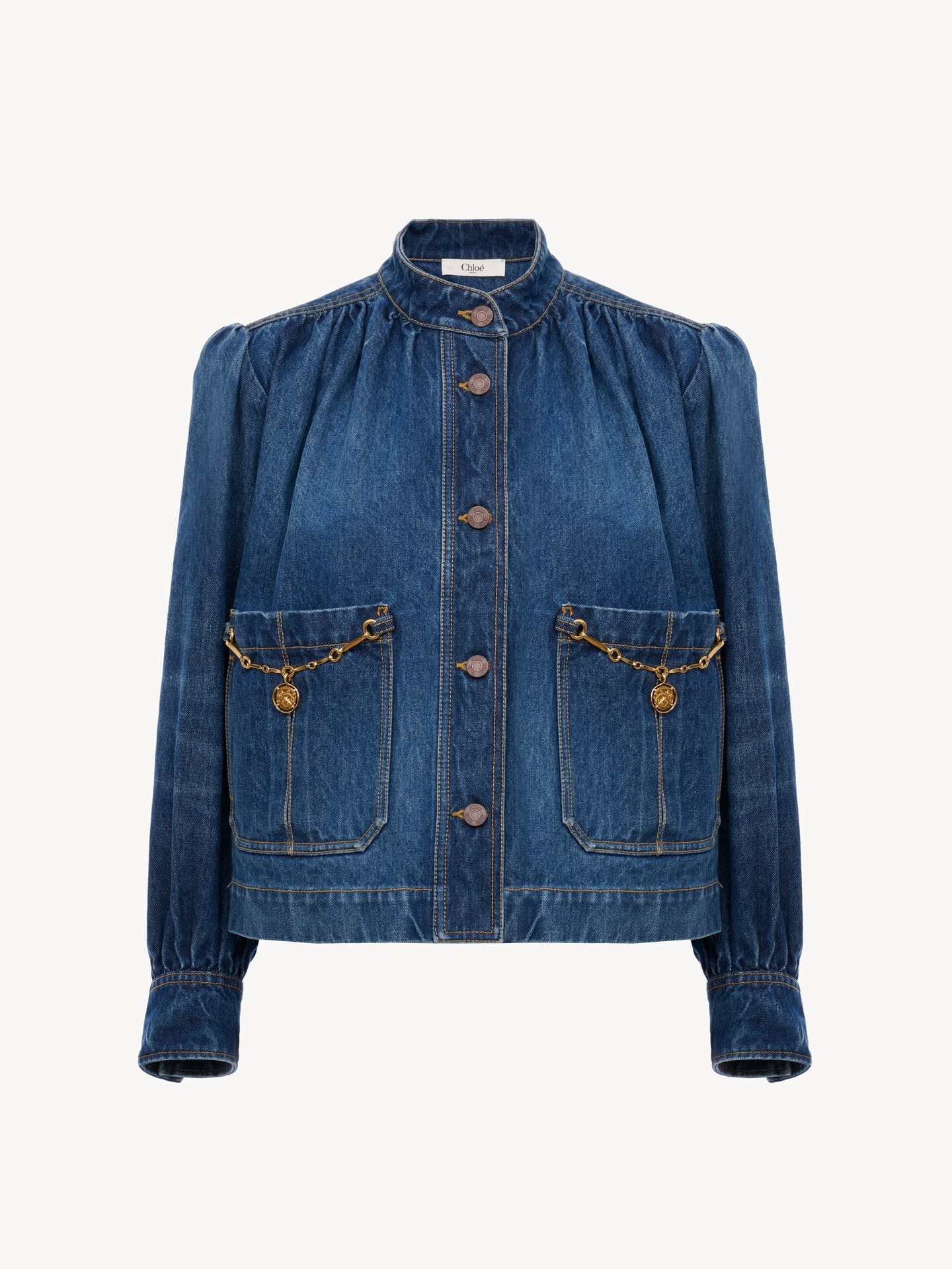 Chloe クロエ インディゴ デニムジャケット テーラードジャケット ブルゾン デニム製ハイネック ギャザージャケット 青 - Chloé