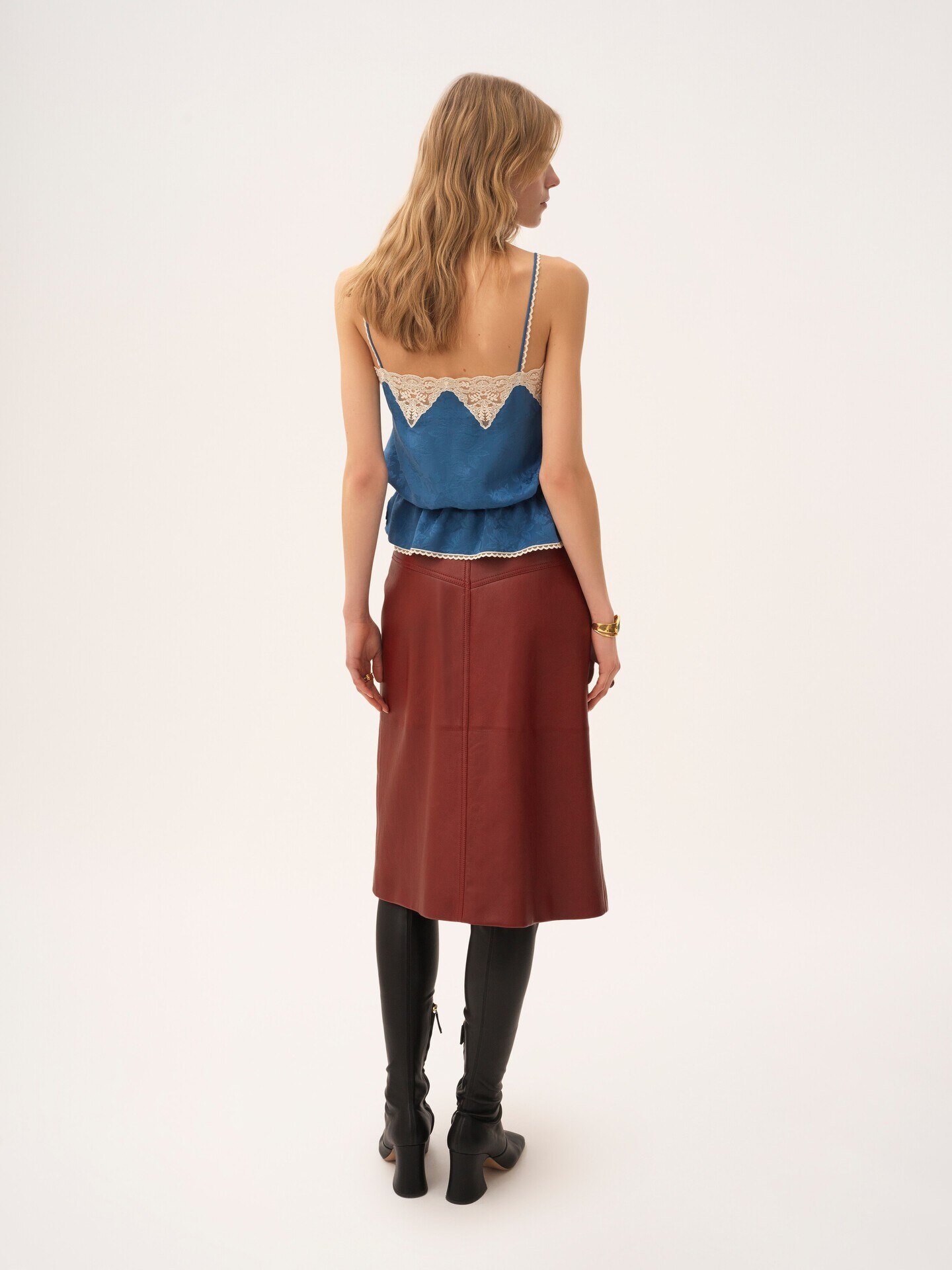 Drawstring camisole top in silk jacquard & lace - 5