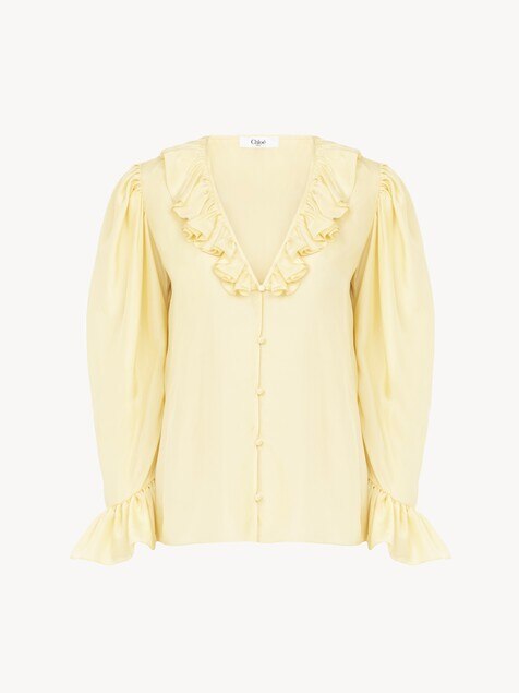 V-neck ruffle top in silk habotai