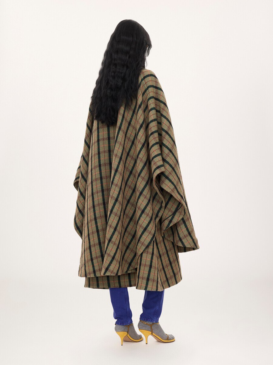 Layered long cape coat in brushed check wool - 7