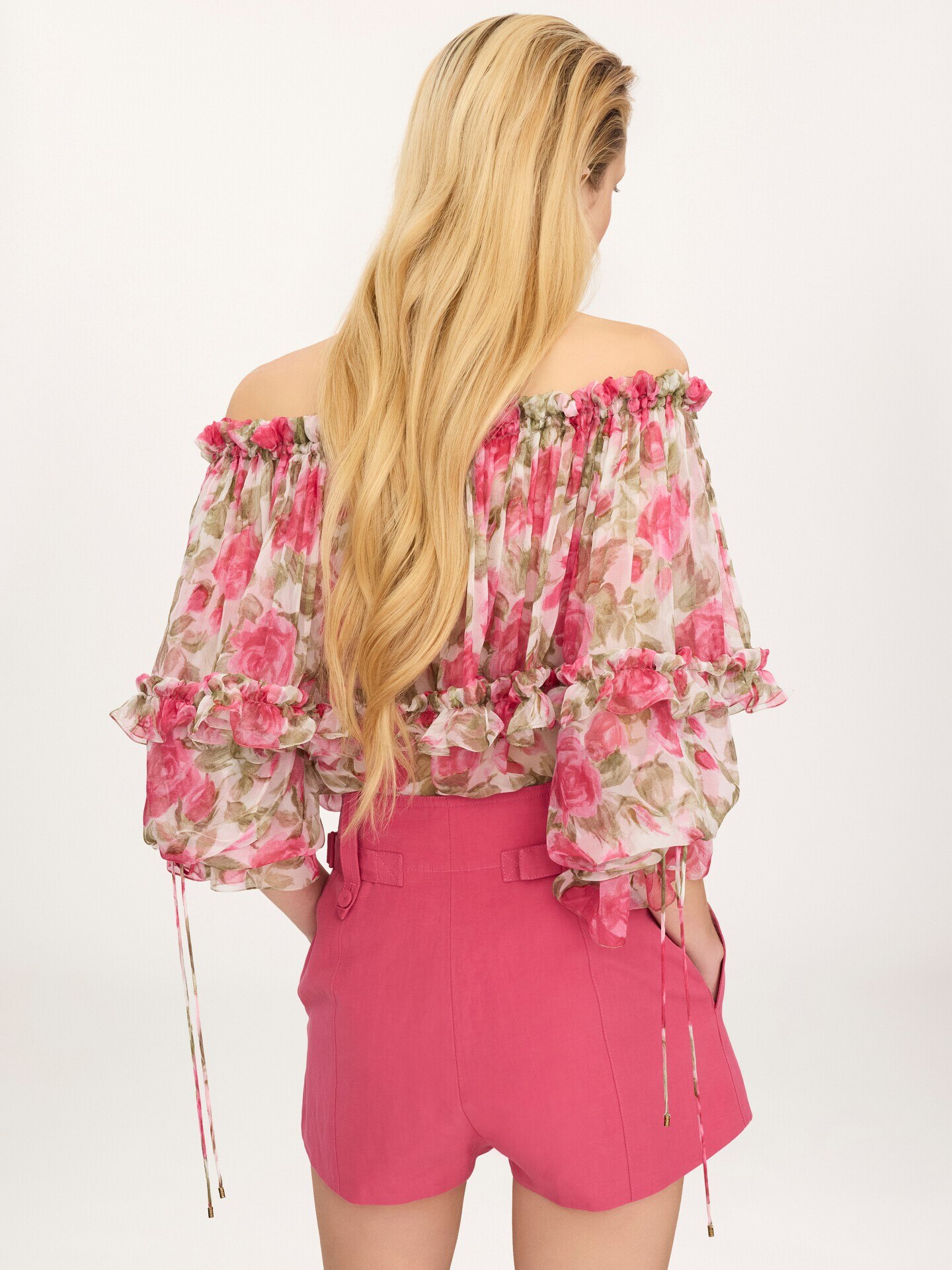 Off-the-shoulder puff-sleeve top in silk mousseline - 4.0