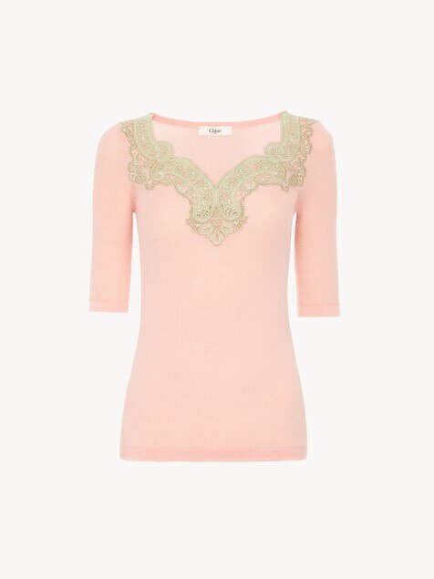 Elbow-sleeve fitted sweater in a wool knit & lace