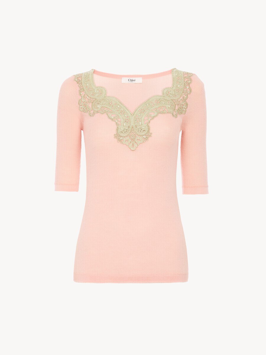 K&ouml;rperbetonter Pullover aus Wollstrick und Spitze mit ellbogenlangen &Auml;rmeln - 2