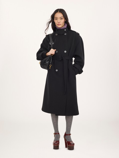 High-neck long coat in double-face wool